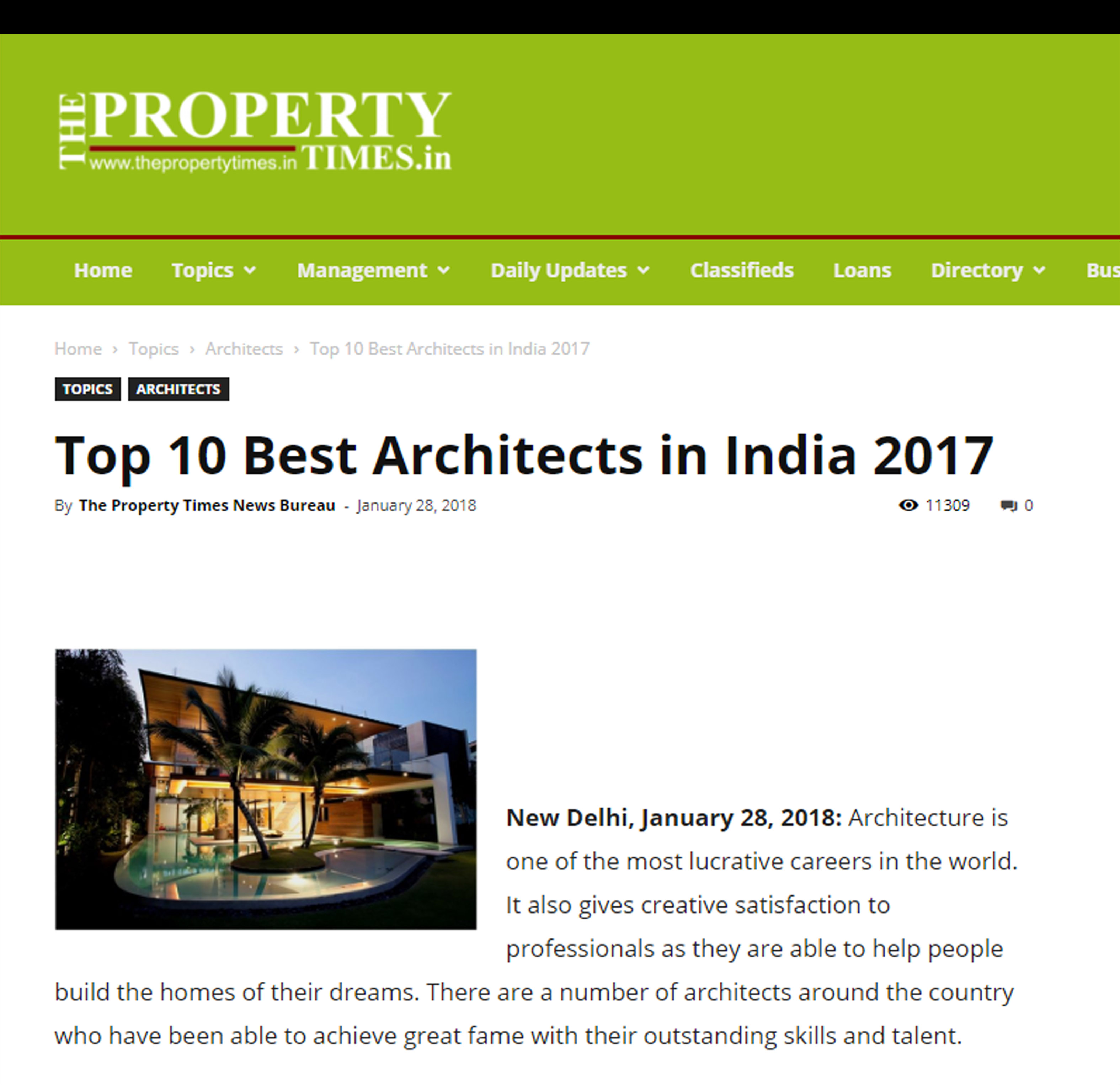 Top 10 Best Architects in India 2017, The Property Times - January 2018